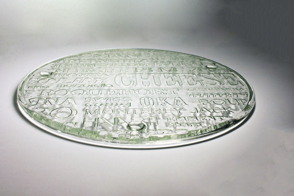 Footed Cheese Plate, Embossed, Cheese Platter, Typography Pattern, Serving Platter, Clear Glass
