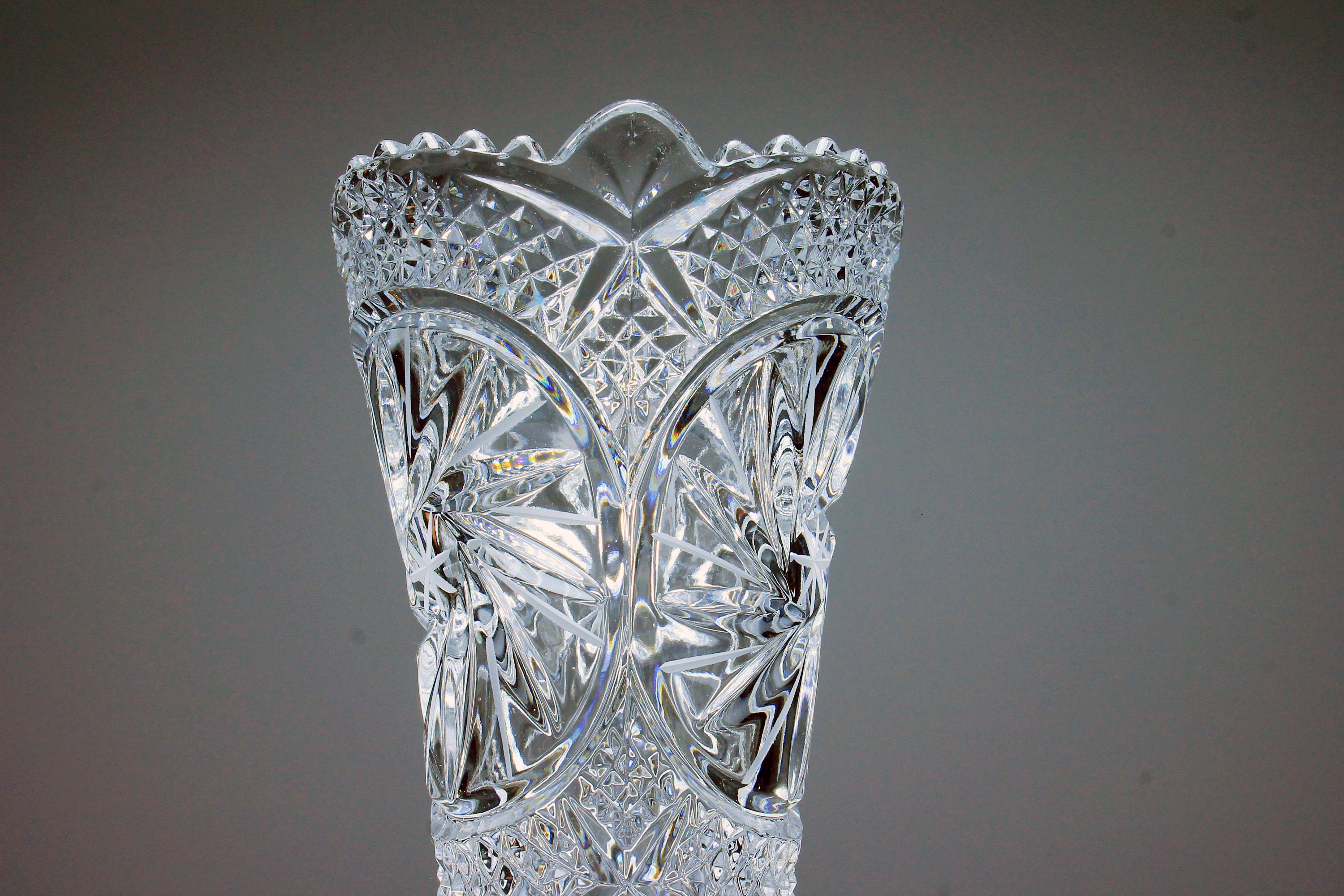 Crystal Footed Bud Vase, Pressed Glass, Pinwheel and Fan, Clear Glass