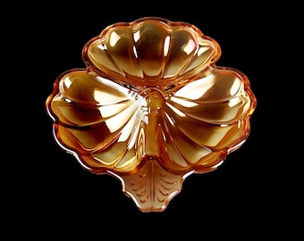 Divided Candy Dish, Jeannette, Carnival Glass, Doric, Iridescent Marigold, Three Section, Clover Shape