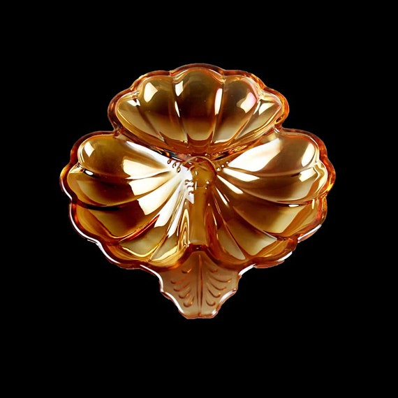 Divided Candy Dish, Jeannette, Carnival Glass, Doric, Iridescent Marigold, Three Section, Clover Shape