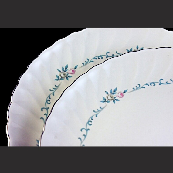 Bread and Butter Plates, Syracuse, Silhouette, Sweetheart, Pink and Gray Roses, Aqua Scrolls, Set of 2, Fine China