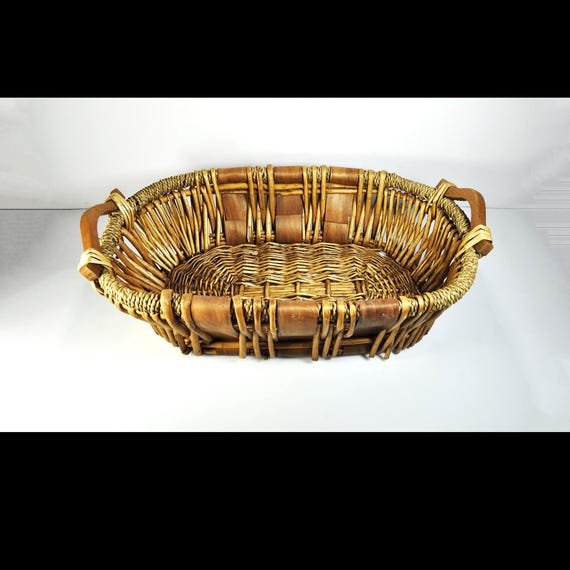 Vintage Large Oval Wicker Rattan Basket with Wood Handles