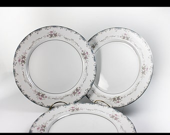 Dinner Plates, Mikasa, Rhoda, Set of 4, Gray Scrolls, Pink Roses, Fine China, Discontinued