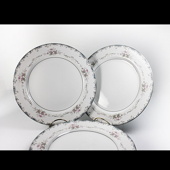 Dinner Plates, Mikasa, Rhoda, Set of 4, Gray Scrolls, Pink Roses, Fine China, Discontinued