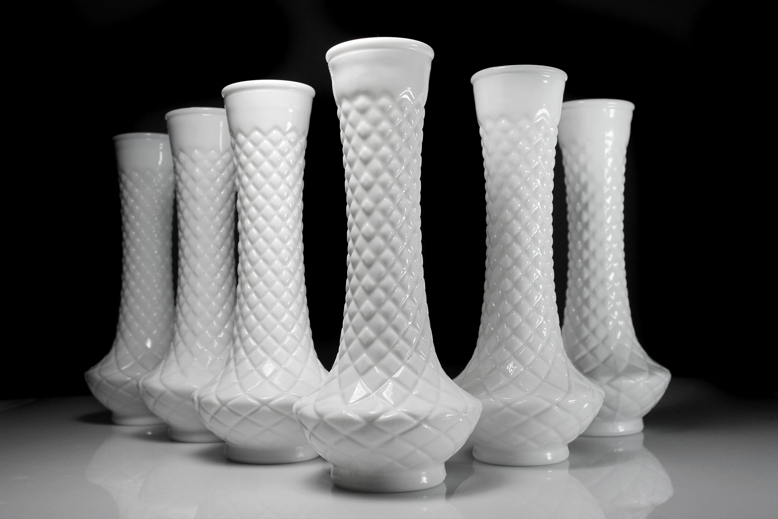 Milk Glass Vases, Diamond Pattern, 9 Inch, Set of 6, Wedding Decor