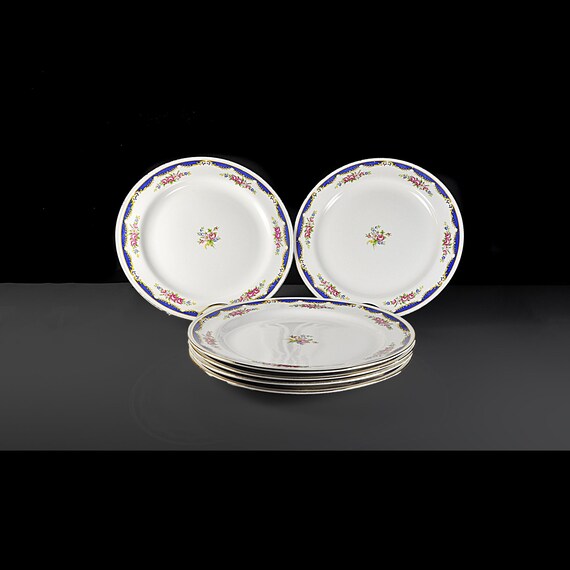 Dinner Plates, Homer Laughlin, Eggshell Nautilus, Blue Band with Flowers, Set of 6, Gold Trim, Dinnerware