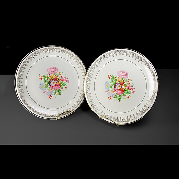 Luncheon Plates, Taylor Smith & Taylor, Center Floral, 22 Carat Gold Trim, Set of 2