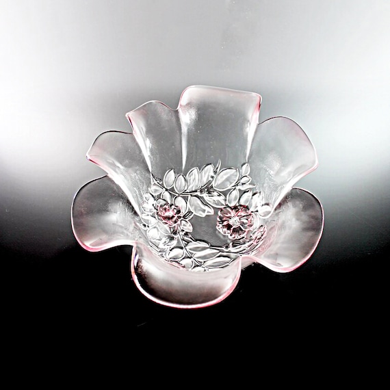 Mikasa Rosella Hostess Bowl, Pink Floral, Centerpiece, Discontinued, Giftware, Frosted Glass