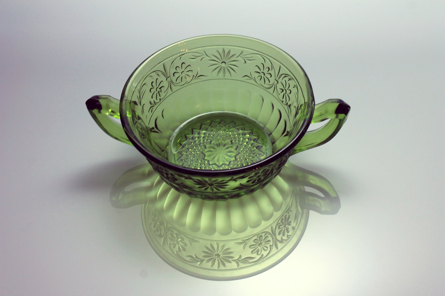 Cream Soup Bowl, Indiana Glass, Daisy Green, Handled Bowl, Pressed Glass, Serving Bowl
