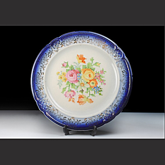 Antique Luncheon Plate, Paden City, Petit Point, Floral, Cobalt Blue, Gold Trim