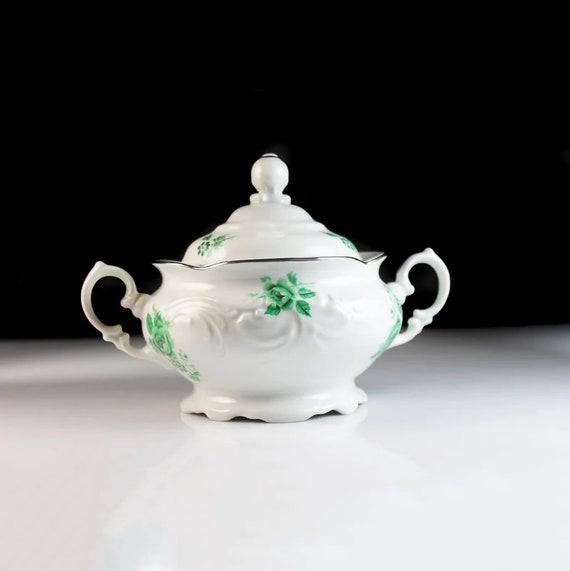 Sugar Bowl, Walbrzych China, Made in Poland, Green Rose, White China, Embossed, Platinum Trim