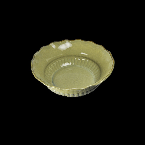 Green Ribbed Pottery Vegetable Bowl - Ironstone Glazed, 10 Inch