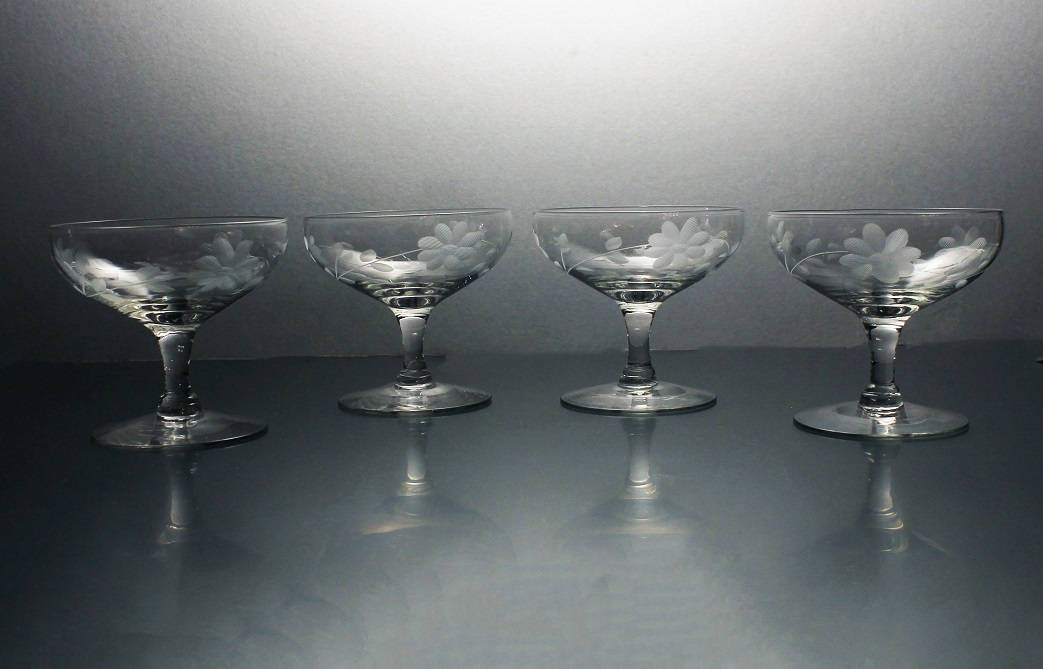 Etched Coupe Champagne Glasses, Wheel Cut Daisy Pattern, Sherbet