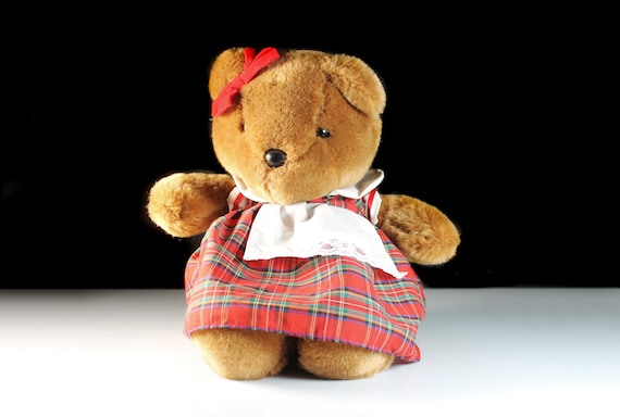 Teddy Bear Stuffed Animal, Red Plaid Dress, Fluffy, Soft, Sitting Bear, Nursery Decor, 15 Inch
