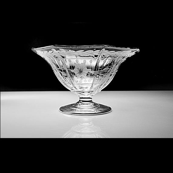 Etched Glass Compote with Sterling Silver Trim – Elegant Floral Design