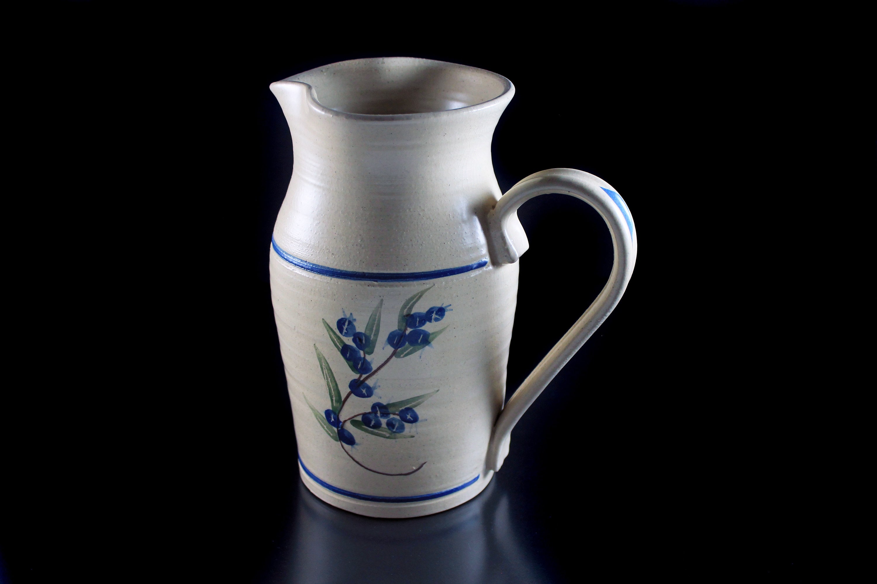 Stoneware Pitcher, Olde Cape Cod, Blueberry Pattern, One Quart, Tan and