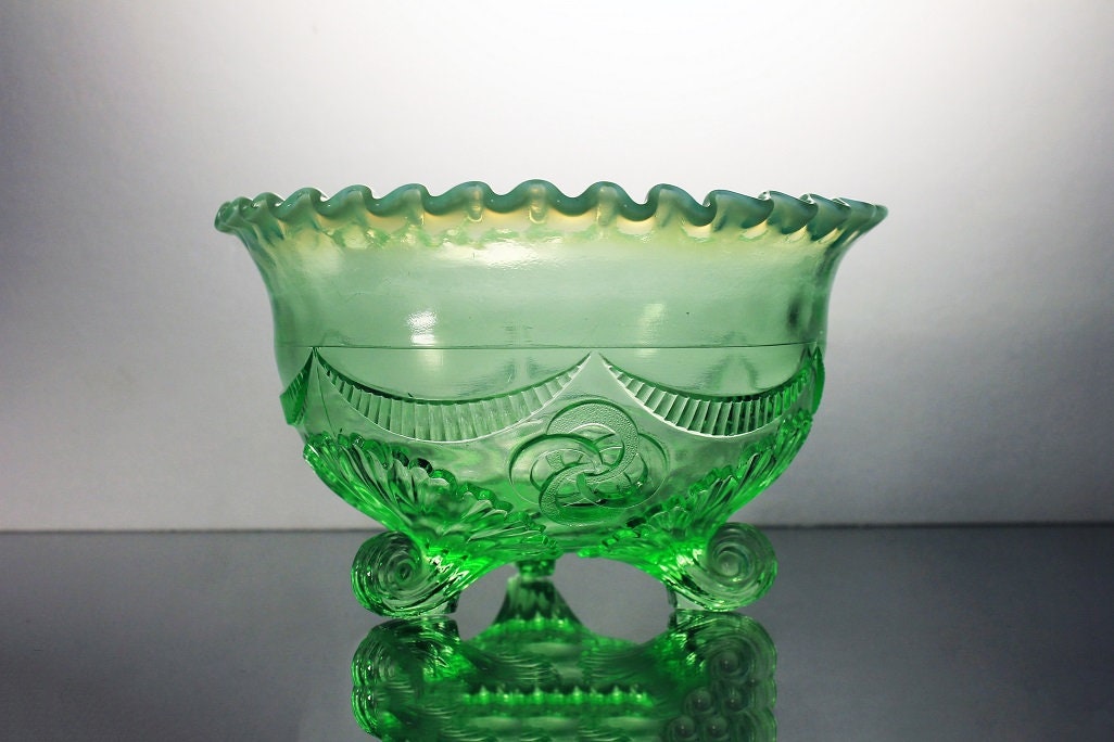 Antique Footed Bowl, Jefferson Glass, Ruffles and Rings, Opalescent Green, Decorative Bowl