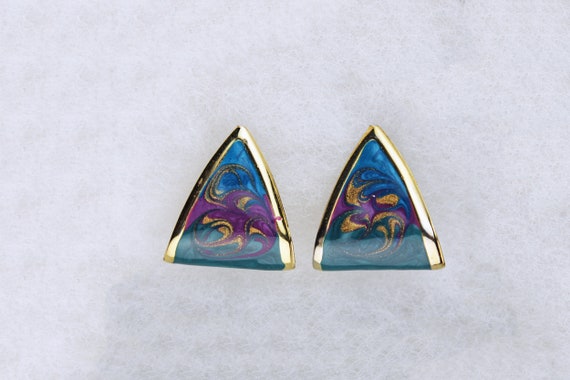 Swirl Glitter Enamel Earrings, Pierced, Curved Tr… - image 4