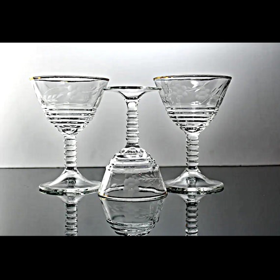 Etched Stemware, Federal Glass, Two Tall Champagne Glasses, One Cordial Glass, Wine Glasses, Gray Cut Floral, Set of 3,  Barware