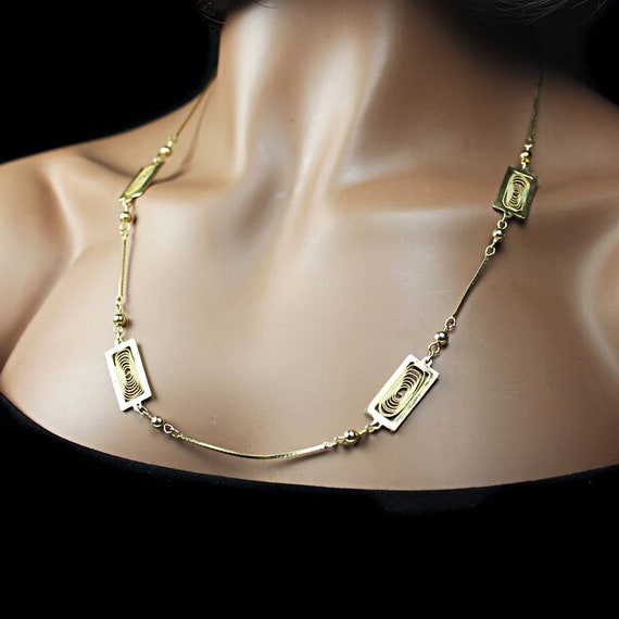 Station Necklace, Gold Tone, Serpentine Chain, Rectangular Inserts, Gold Tone Beads, Woman's Gift