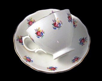 Teacup and Saucer, Crown Essex, Bone China, Rose Pattern, Gold Trimmed, Made in England