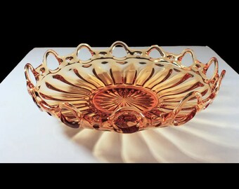 Fostoria Glass Bowl, Colonial Prism, Amber, Depression Glass, Centerpiece, Ribbed, Lace Edge, Large, Rare