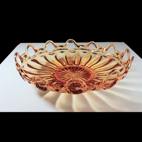 Fostoria Glass Bowl, Colonial Prism, Amber, Depression Glass, Centerpiece, Ribbed, Lace Edge, Large, Rare