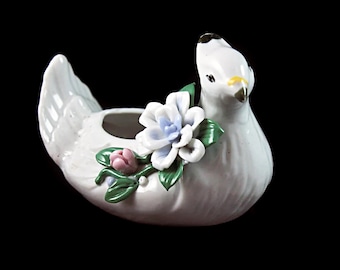 White Bird Mini Planter, Raised Flowers, Figurine, Porcelain, Collectible