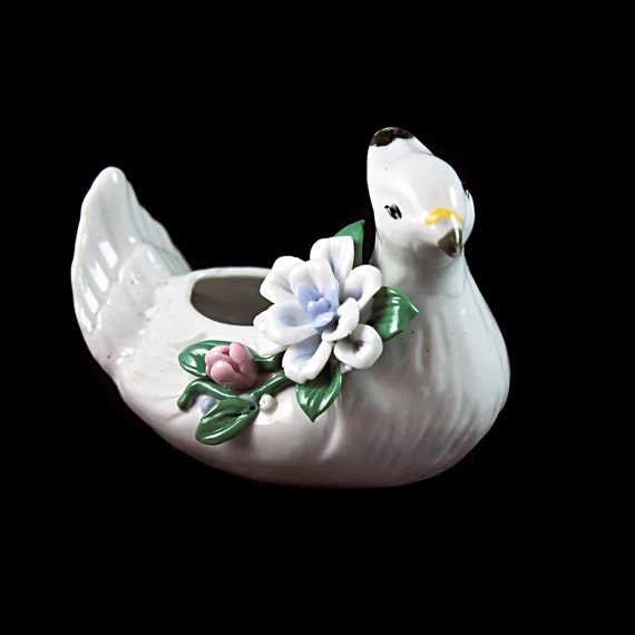 White Bird Mini Planter, Raised Flowers, Figurine, Porcelain, Collectible