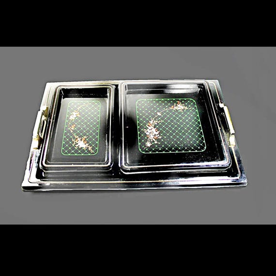 Japanese Serving Trays, Lacquerware, Nesting Trays, Home Decor, Set of 5, Hand Painted