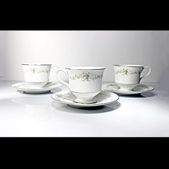 Cups and Saucers, Sango China, Carousel, Set of 3, Fine China, Platinum Trim, Teacups, Dinnerware