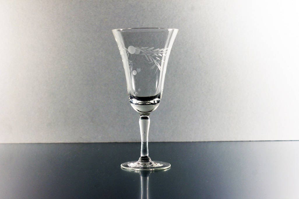 Etched Cordial Glass, Floral Pattern, Clear Glass, Barware