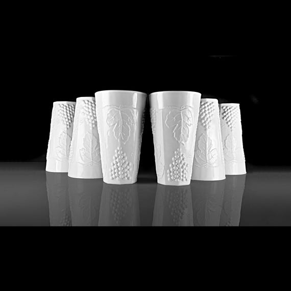 Colony Harvest Milk Glass Cooler Glasses – 12 oz Grape and Vine Tumblers, Set of 6