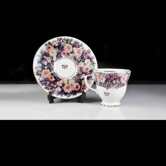 Lena Liu Circle of Love Teacup & Saucer - Bradford Editions Roses and Butterfly Design