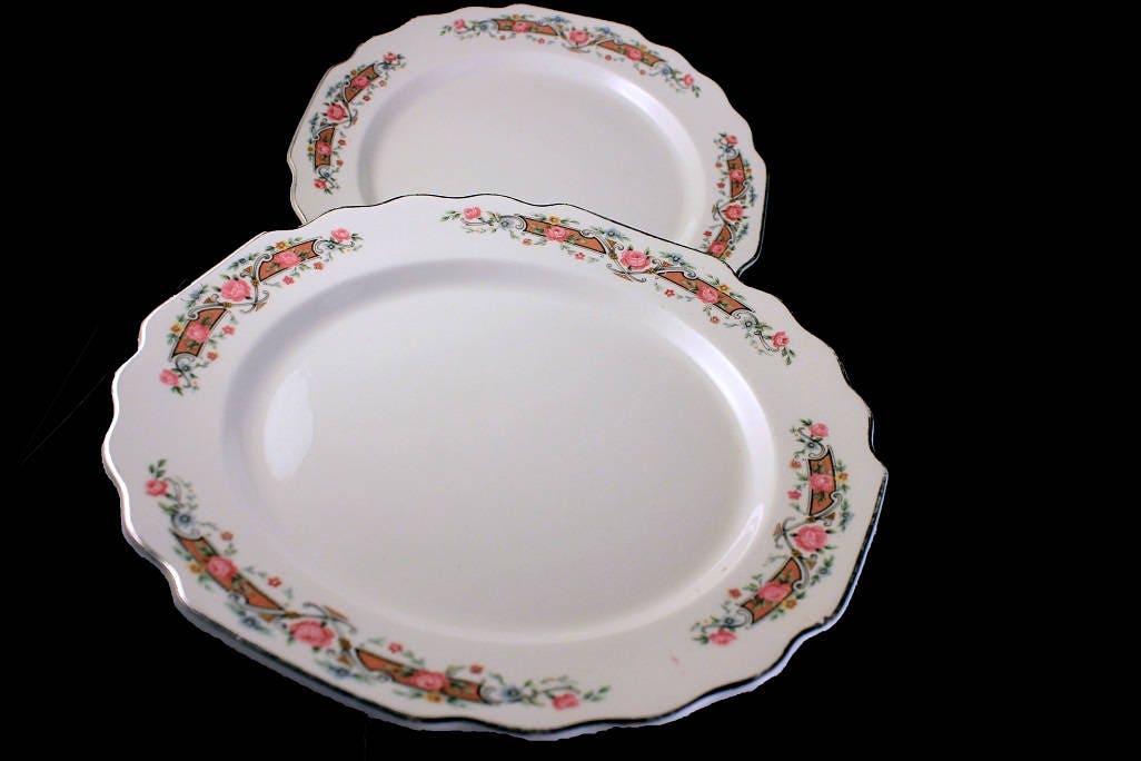 Salad Plates, W S Square, Lido Shape, Flower Rim, Pink Rose, Gray Scrolls, Set of 2