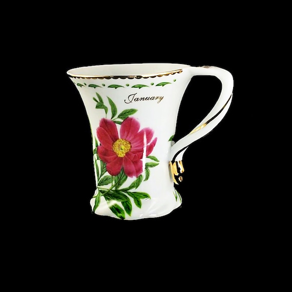 January Mug, Birthday Mug, ND Exclusive, Floral, Gold Trim