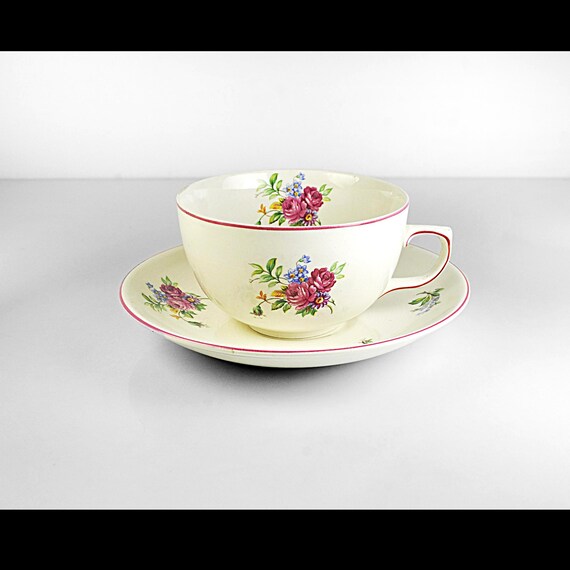 Ambassador Ware Cup and Saucer by Fondeville, England – Pink Rim Floral Pattern