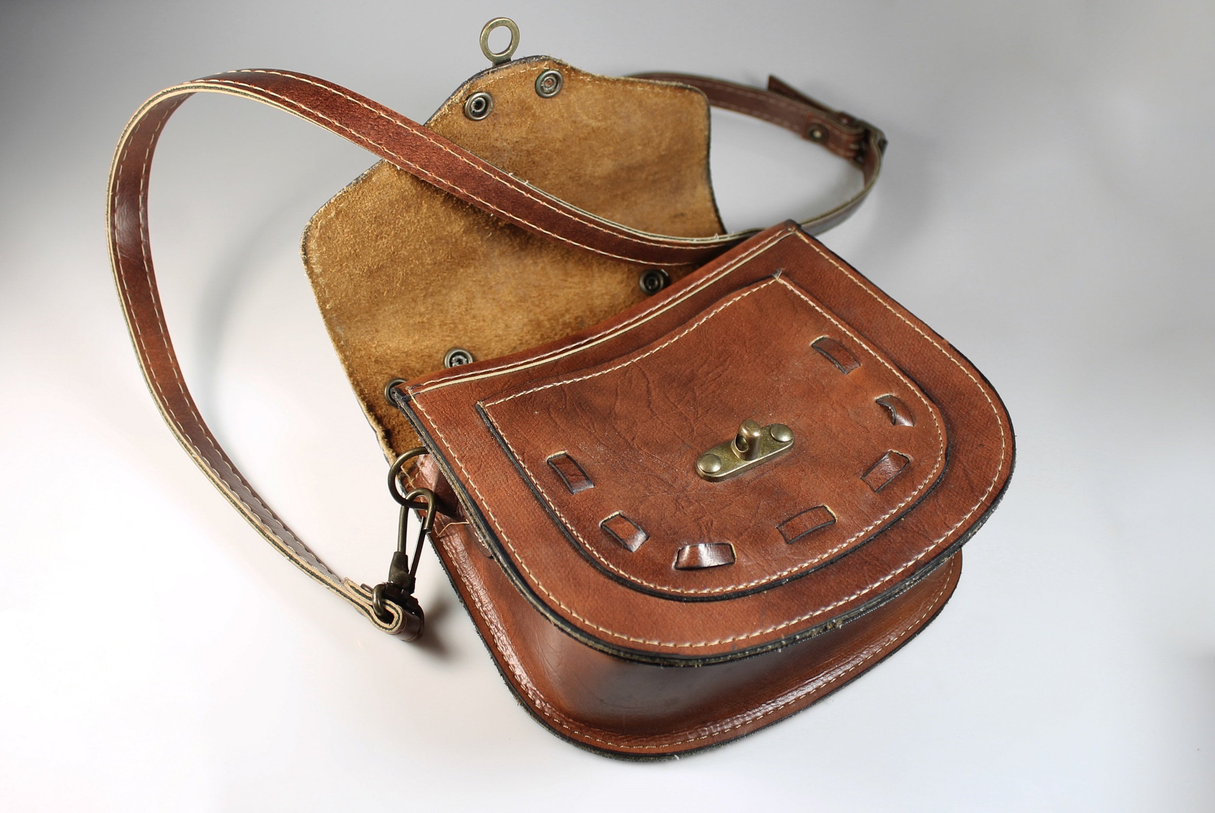 Brown Leather Saddle Bag, Shoulder Bag, Top Handle, Brass Hardware