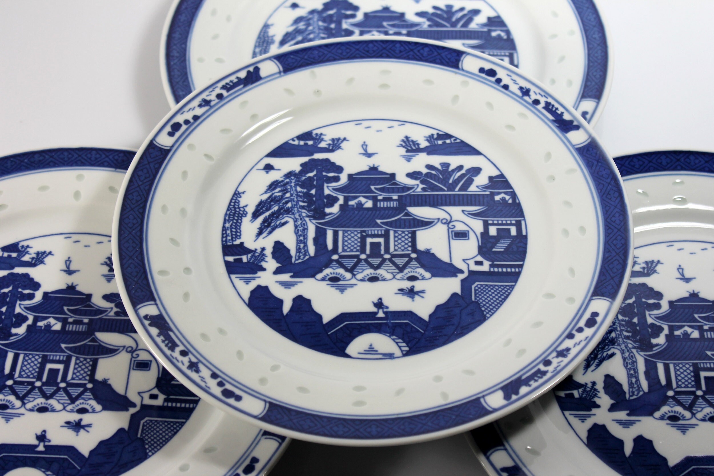 Dinner Plates, Jingdezhen Zhi, Pagoda Scene, Blue and White, Porcelain