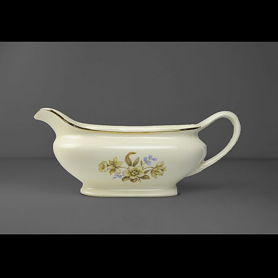 Ivory Floral Gravy Boat with Gold Trim, Maker Unknown