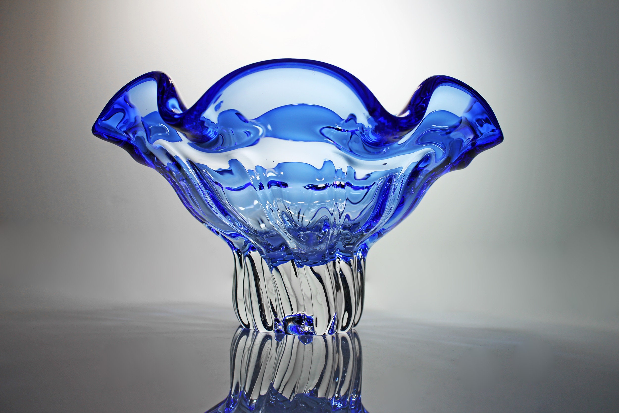 Art Glass Compote Bowl, Display Bowl, Blue and Clear Glass, Decorative