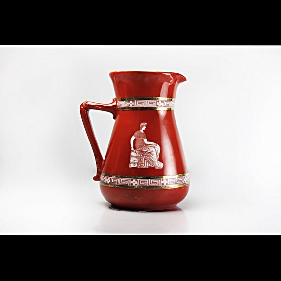 Antique Creamer, Royal Bayreuth, Corinthian Ware, Pitcher, Greek Figures, Greek Key Band, Orange-Red, 14 Ounce