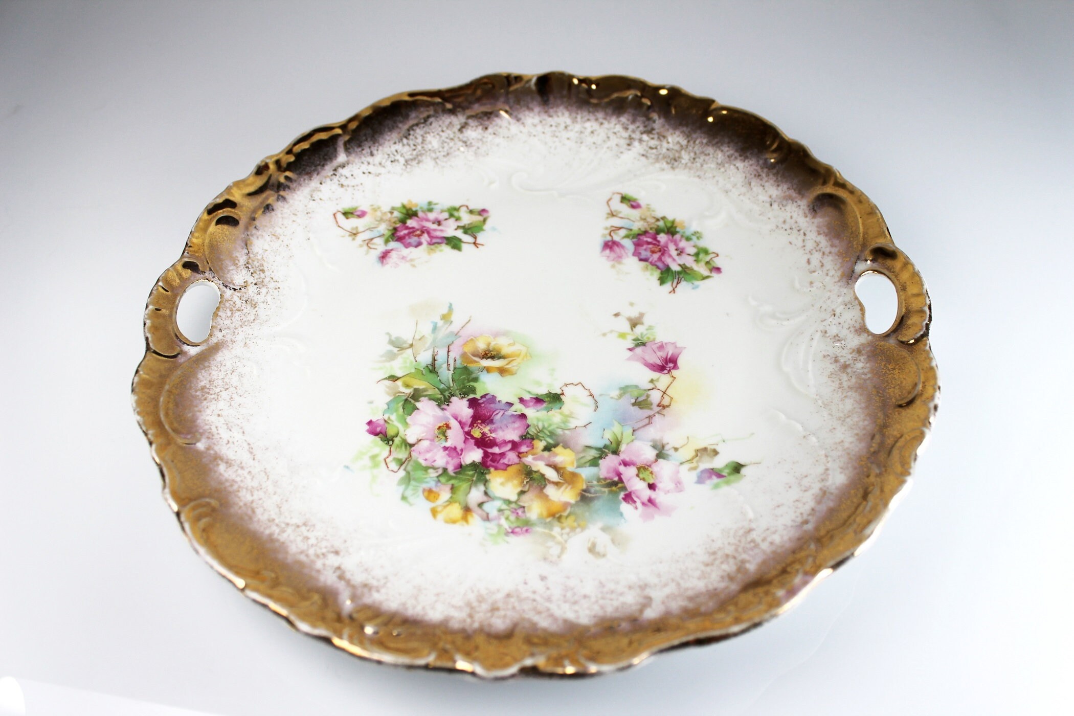 Footed Cake Plate, Hand Painted, Floral Pattern, Embossed, Double