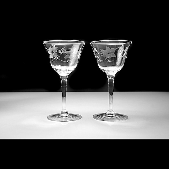Vintage Etched Floral Stemware Glasses, Set of 2, Cordial Glasses