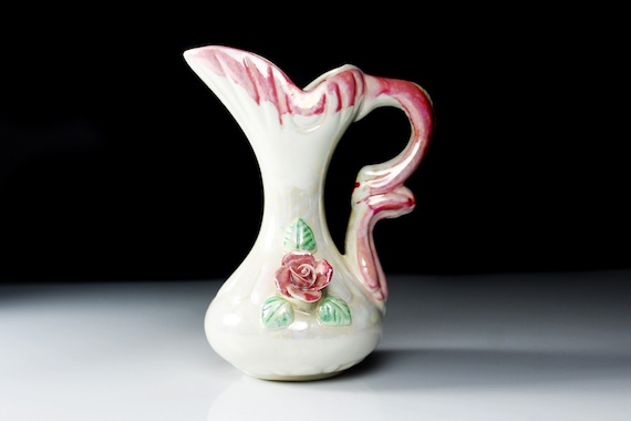Small Lusterware Pitcher, Raised Rose, Pink, Hand Painted, Art Pottery