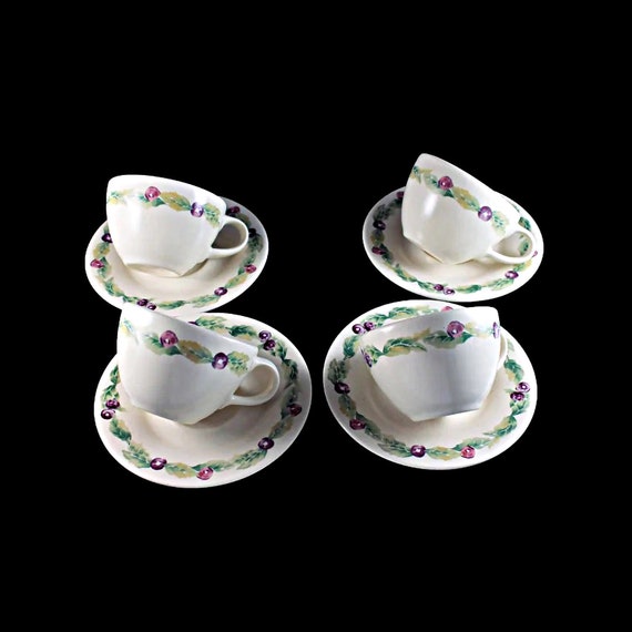 Flat Cup and Saucer,  Pfaltzgraff, Jamberry, Fruit Design, Stoneware, Set of Four, Discontinued