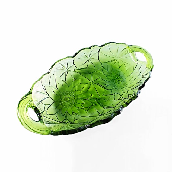 Oval Relish Bowl, Indiana Glass, Lily Pons, Avocado Green, Handled Bowl, Pressed Glass, Serving Bowl, Relish Dish, Floral Design