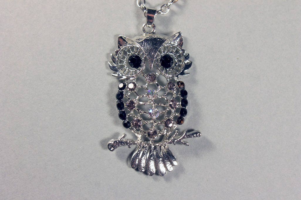 Owl Necklace, Rhinestone, Silver Tone, Costume Jewelry, Fashion Jewelry