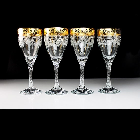 Etched Wine Glasses, Gold Stencil Band, Twisted Stem, Scroll and Swag Design, Set of 4