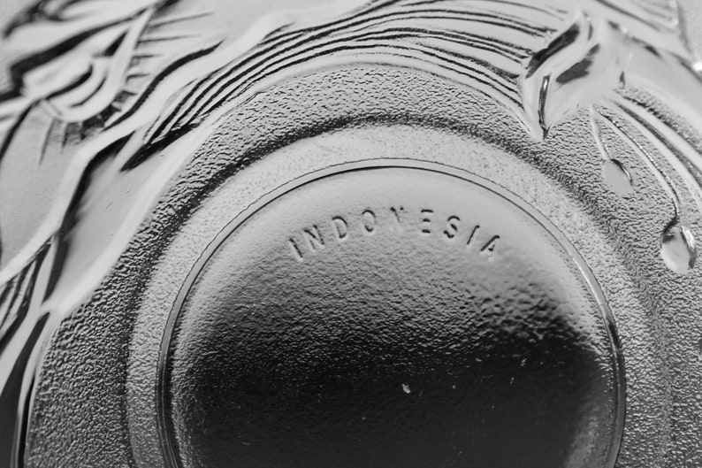 May include: Close-up of a clear glass bowl with embossed floral and leaf designs. The word "INDONESIA" is embossed on the bottom of the bowl. The bowl has a textured surface.